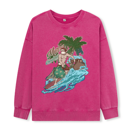 Santa Claus Surfing Front-printed Washed Sweatshirt