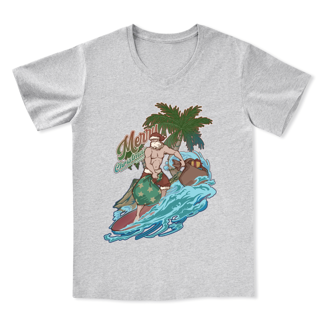 Santa Claus Surfing Front-printed V-neck Tee