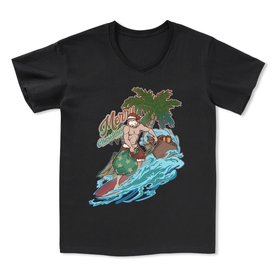 Santa Claus Surfing Front-printed V-neck Tee