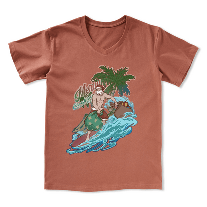 Santa Claus Surfing Front-printed V-neck Tee