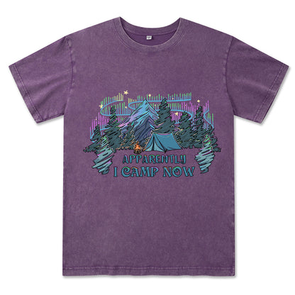 Freeleaf I Camping Now In The Land of Aurora Front-printed Washed Tee