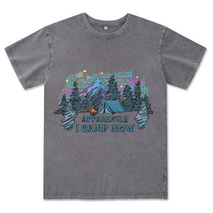 Freeleaf I Camping Now In The Land of Aurora Front-printed Washed Tee