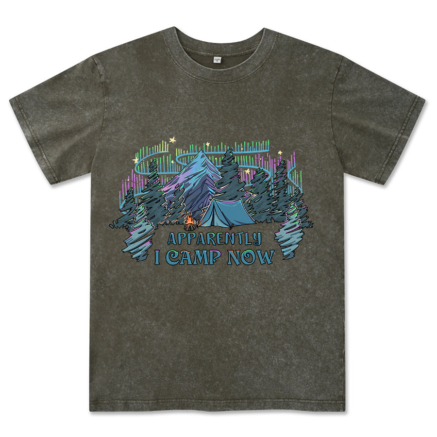 Freeleaf I Camping Now In The Land of Aurora Front-printed Washed Tee