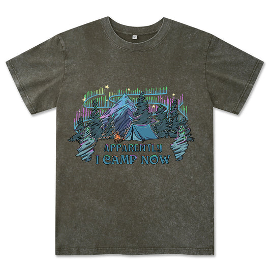 Freeleaf I Camping Now In The Land of Aurora Front-printed Washed Tee