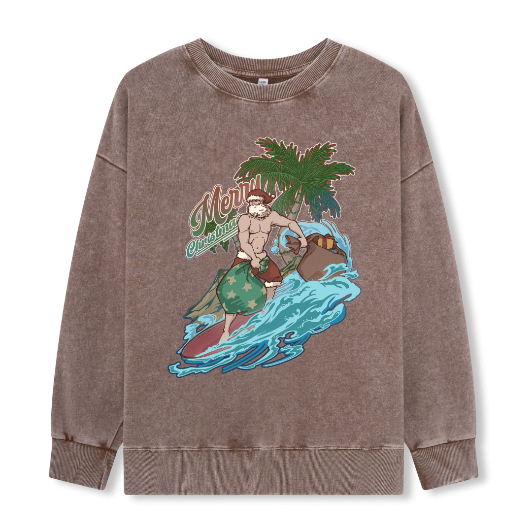 Santa Claus Surfing Front-printed Washed Sweatshirt