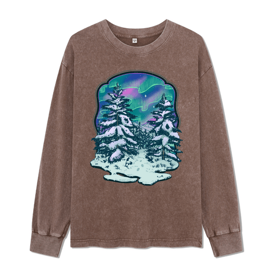 Winter Aurora Front-printed Washed Long Sleeve Top