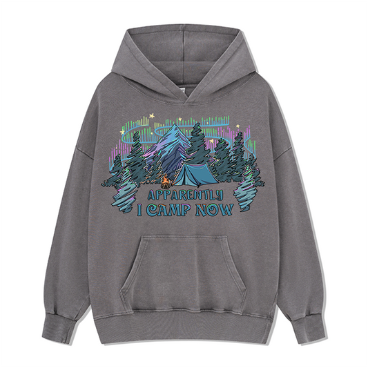 Freeleaf I Camping Now In The Land of Aurora Front-printed Washed Hoodie