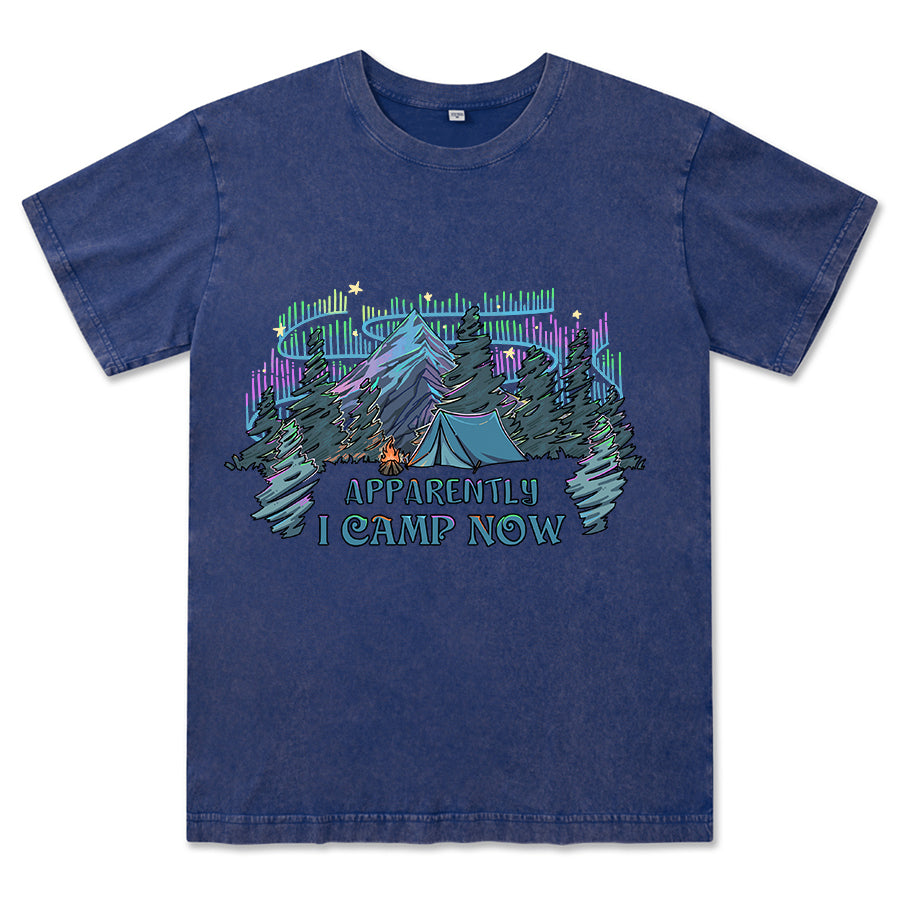 Freeleaf I Camping Now In The Land of Aurora Front-printed Washed Tee