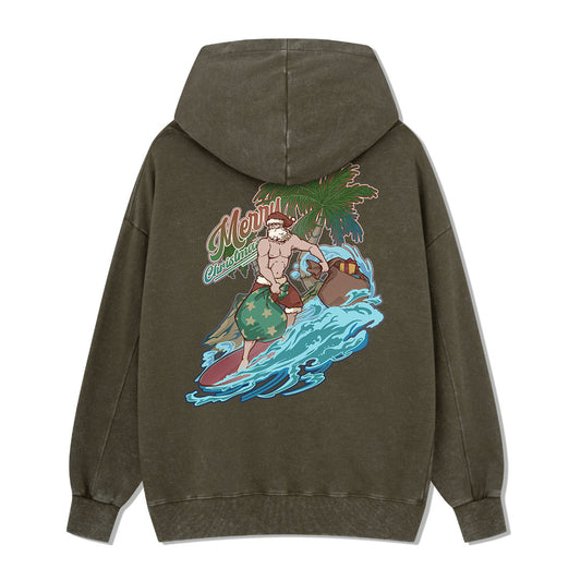 Santa Claus Surfing Back-printed Washed Hoodie