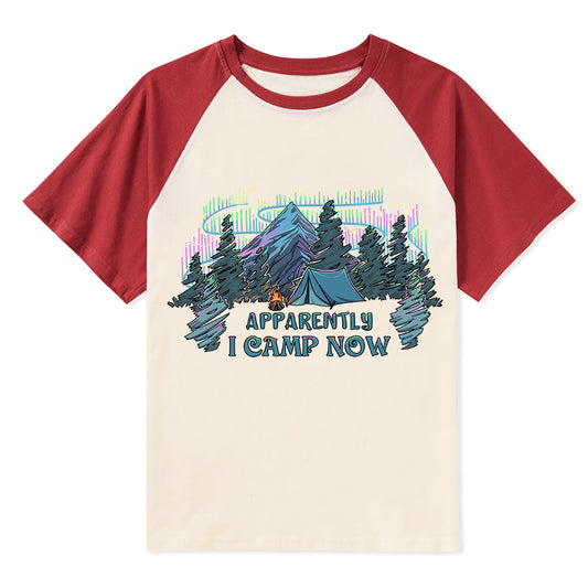 Freeleaf I Camping Now In The Land of Aurora  Front-printed Raglan Short Sleeve Top