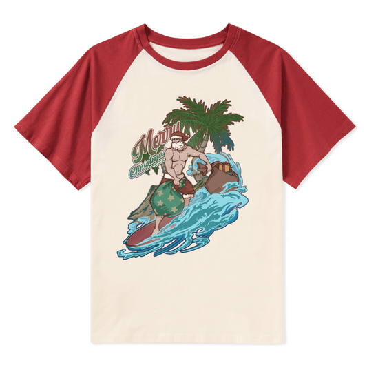 Santa Claus Surfing Front-printed Raglan Short Sleeve Top