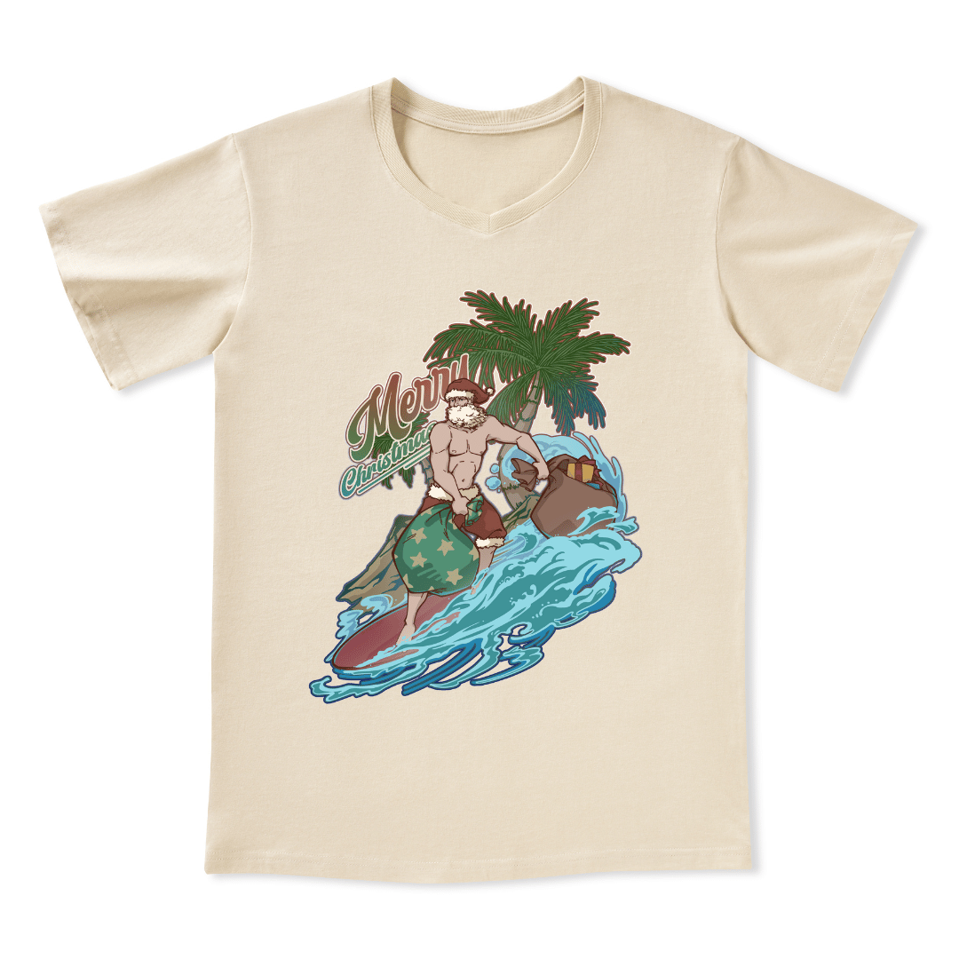 Santa Claus Surfing Front-printed V-neck Tee