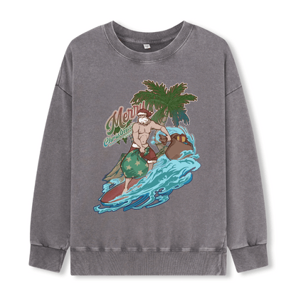 Santa Claus Surfing Front-printed Washed Sweatshirt