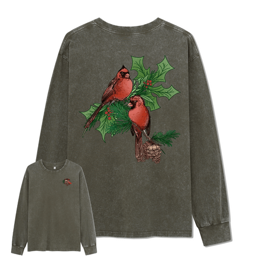 Christmas Cardinal Washed Long Sleeve Top