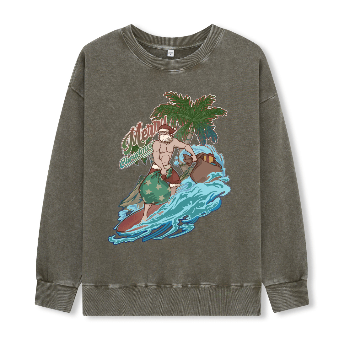 Santa Claus Surfing Front-printed Washed Sweatshirt