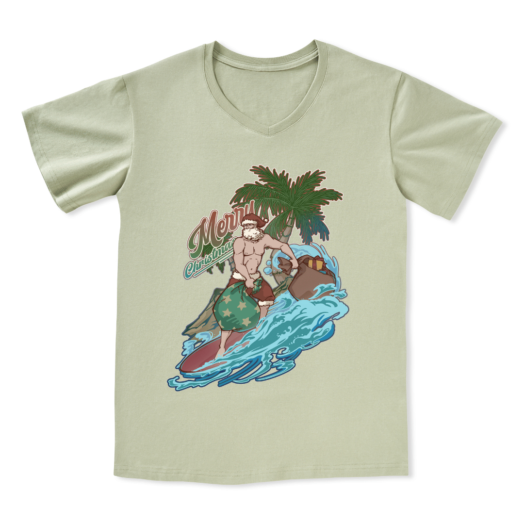 Santa Claus Surfing Front-printed V-neck Tee