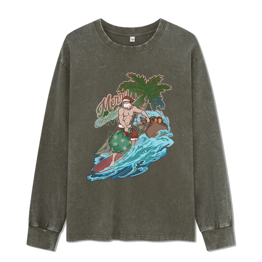 Santa Claus Surfing Washed Long Sleeve Top