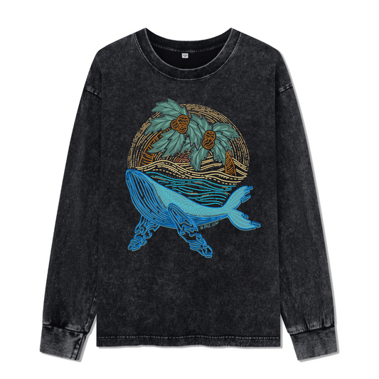 Striated Whale Front-printed Washed Long Sleeve Top