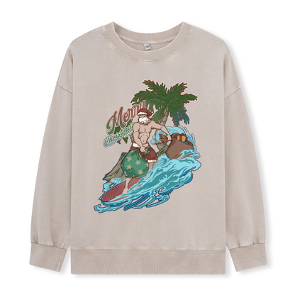 Santa Claus Surfing Front-printed Washed Sweatshirt