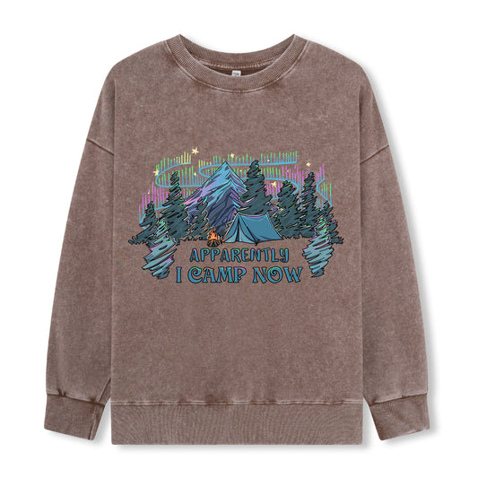 Freeleaf I Camping Now In The Land of Aurora Front-printed Washed Sweatshirt