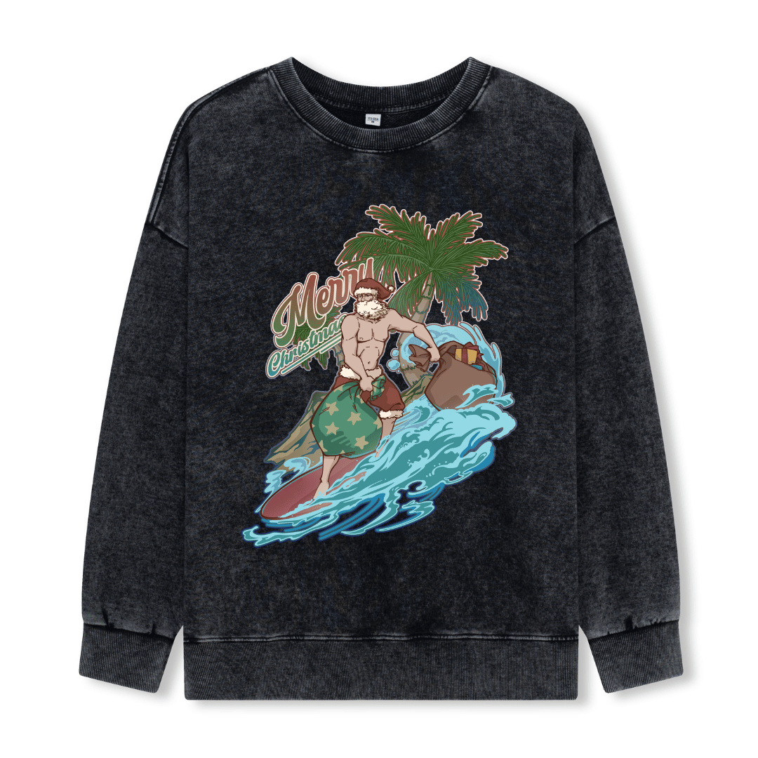 Santa Claus Surfing Front-printed Washed Sweatshirt